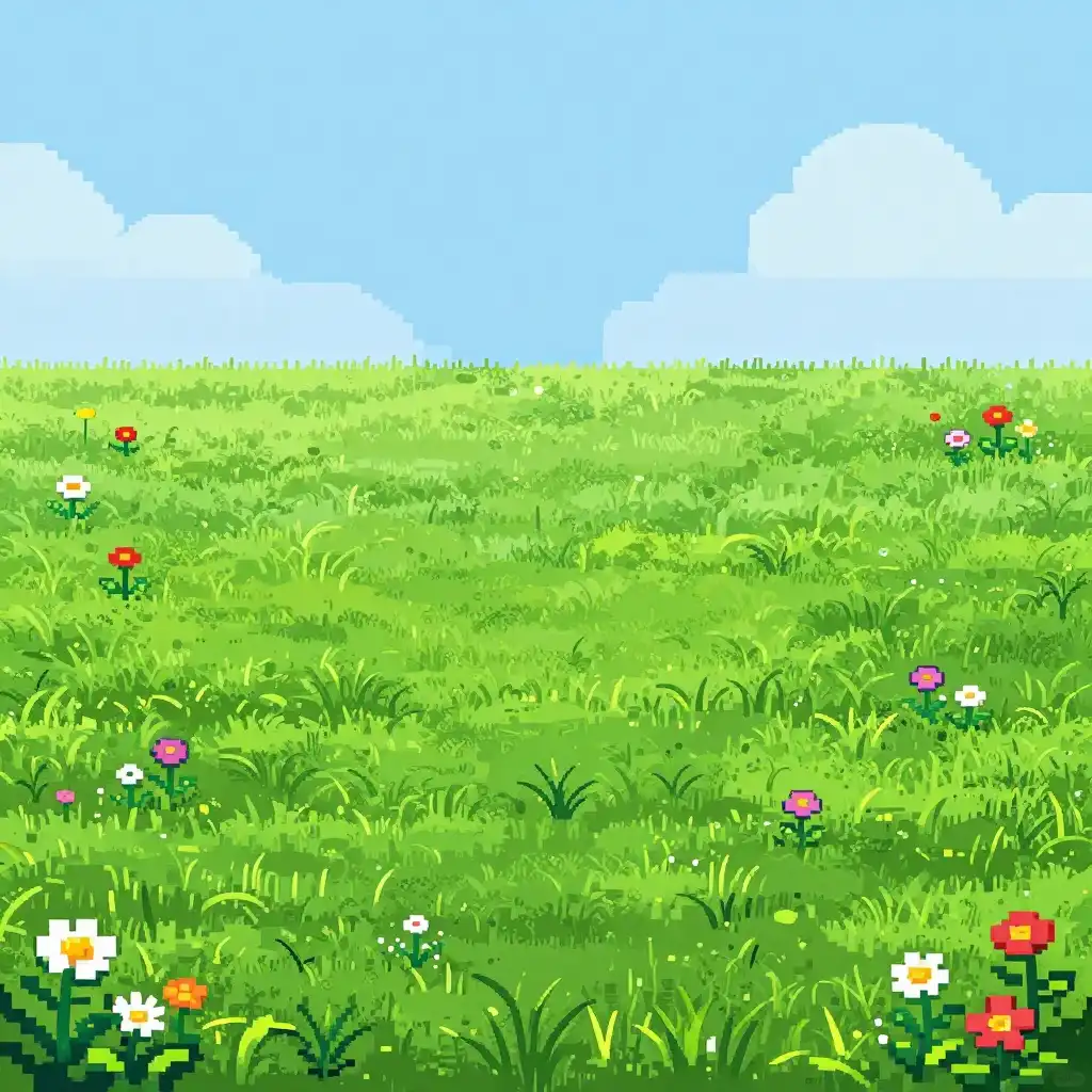 Изображение зеленого поля с цветочками в стиле пиксель-арт