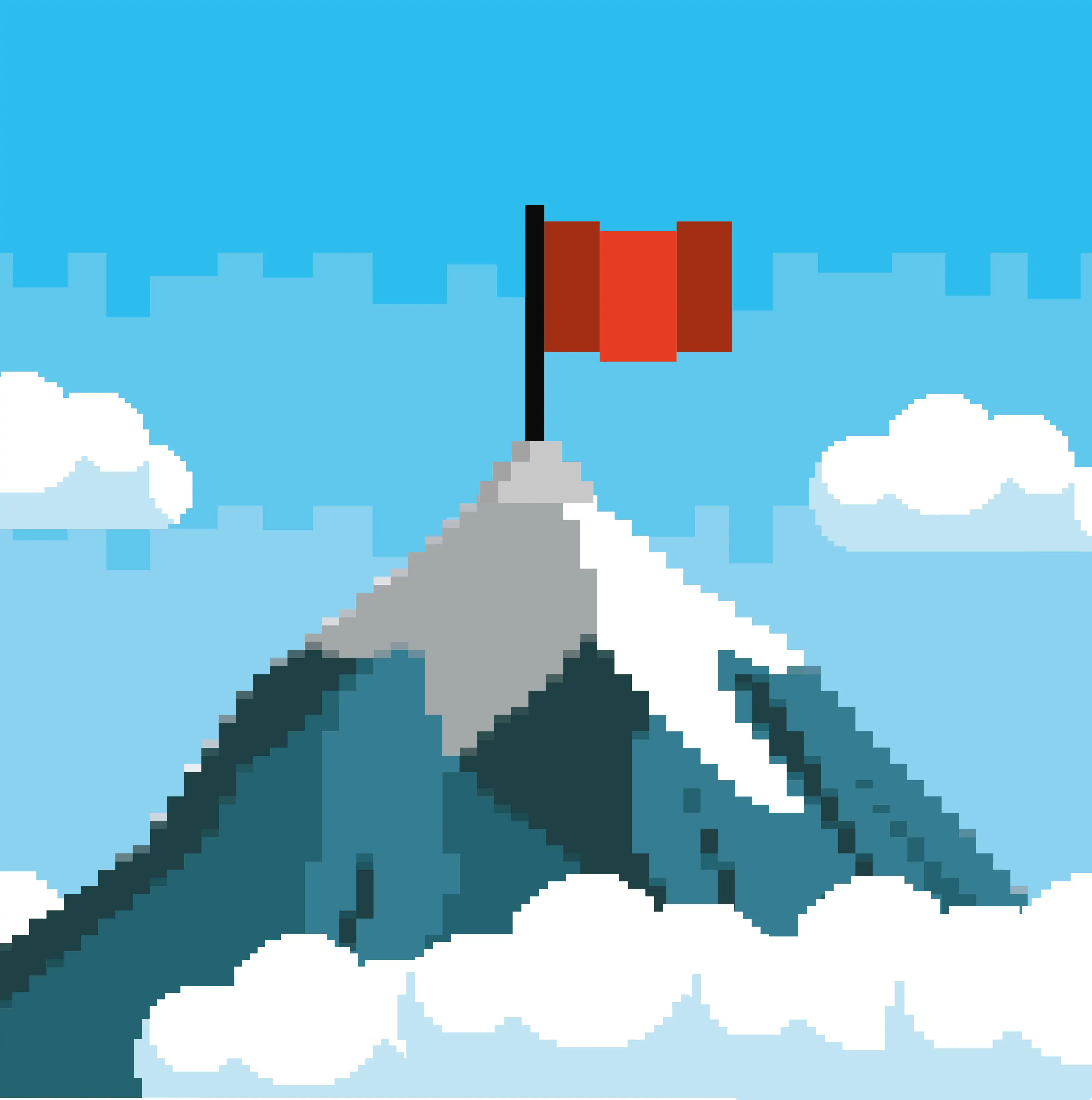 Пиксельное изображение горы, на пике которой красный флаг
