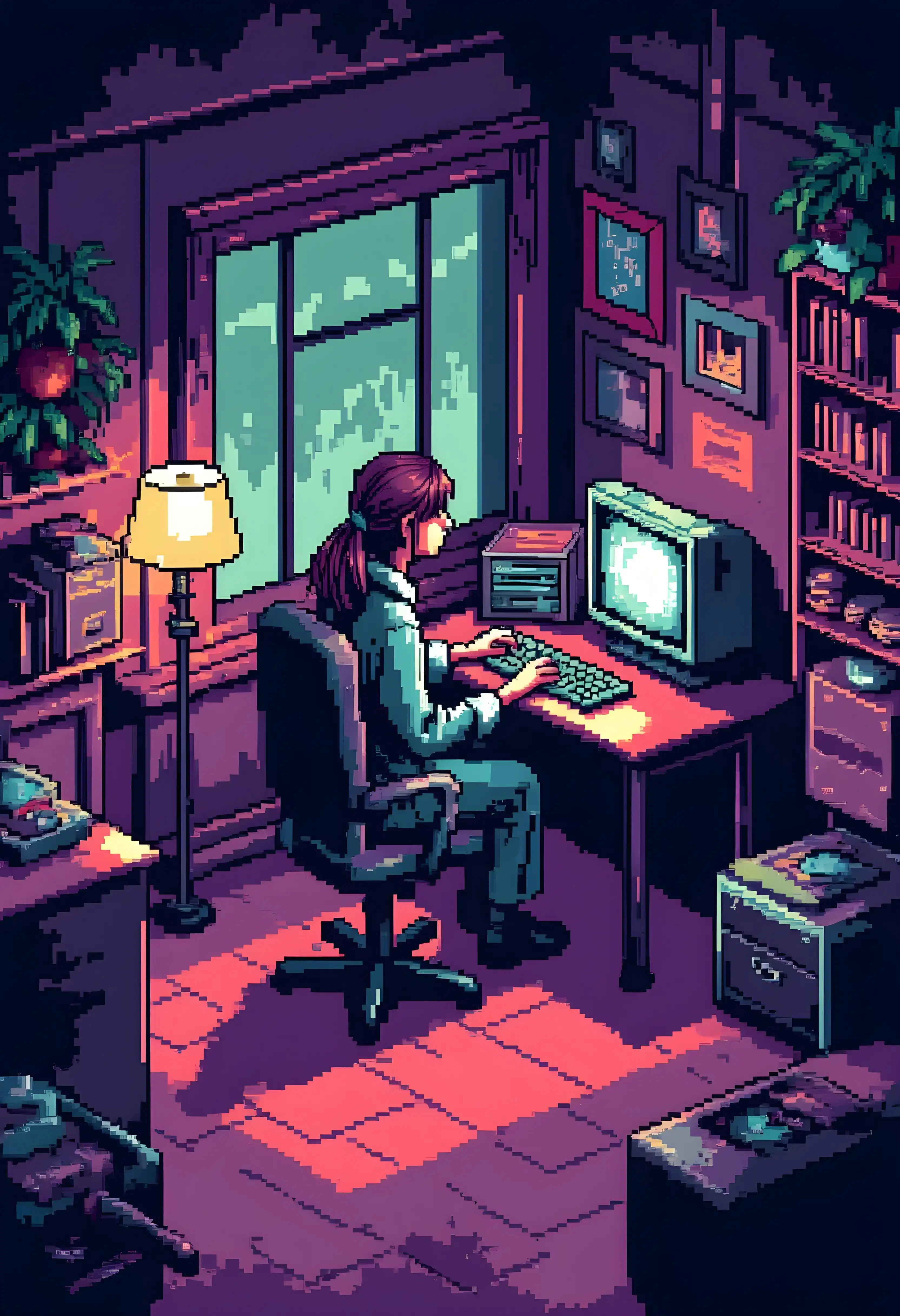 Пиксельное изображение девушки, занимающейся за компьютером
