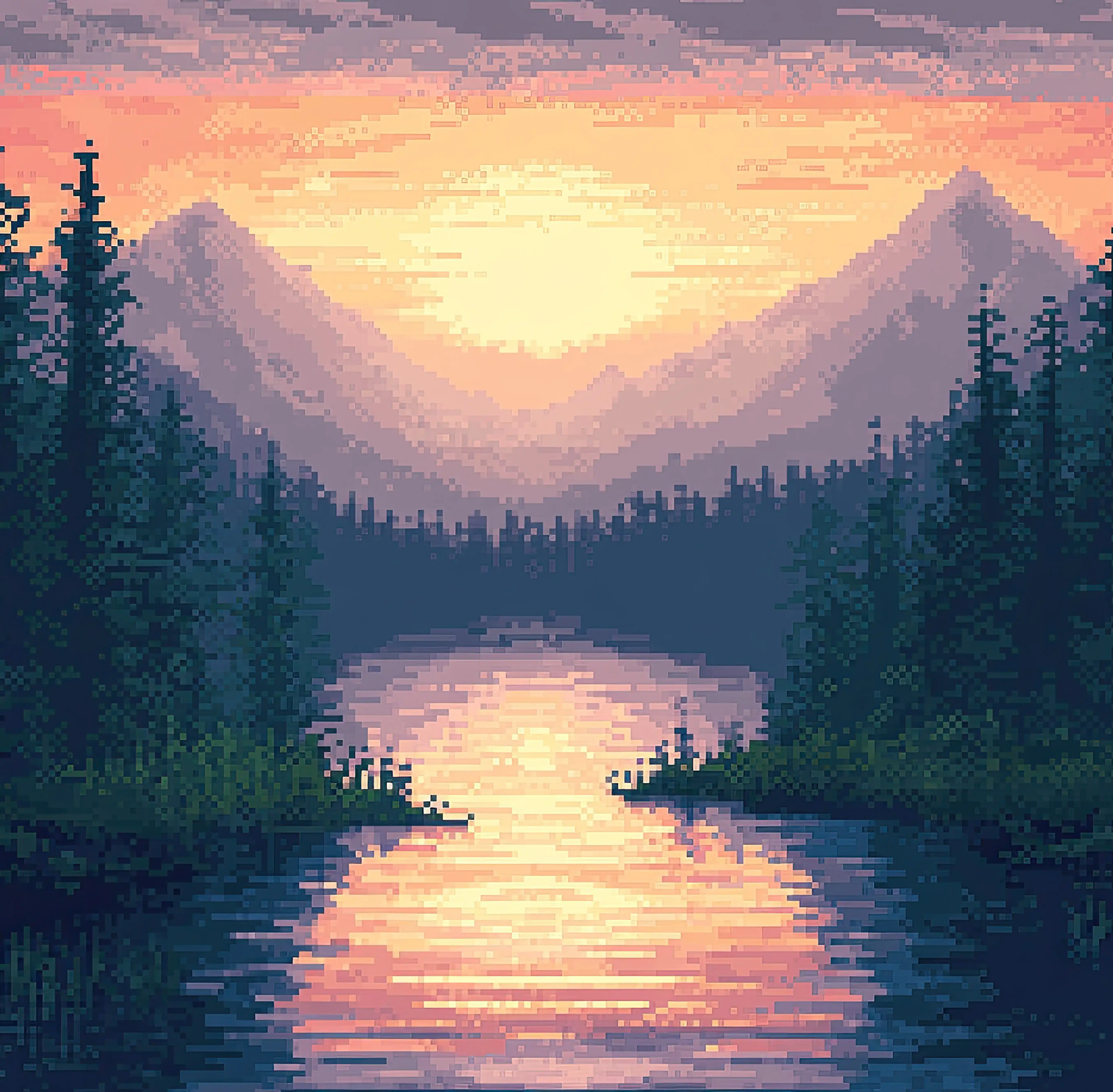 Изображение лесной темной реки в стиле пиксель-арт