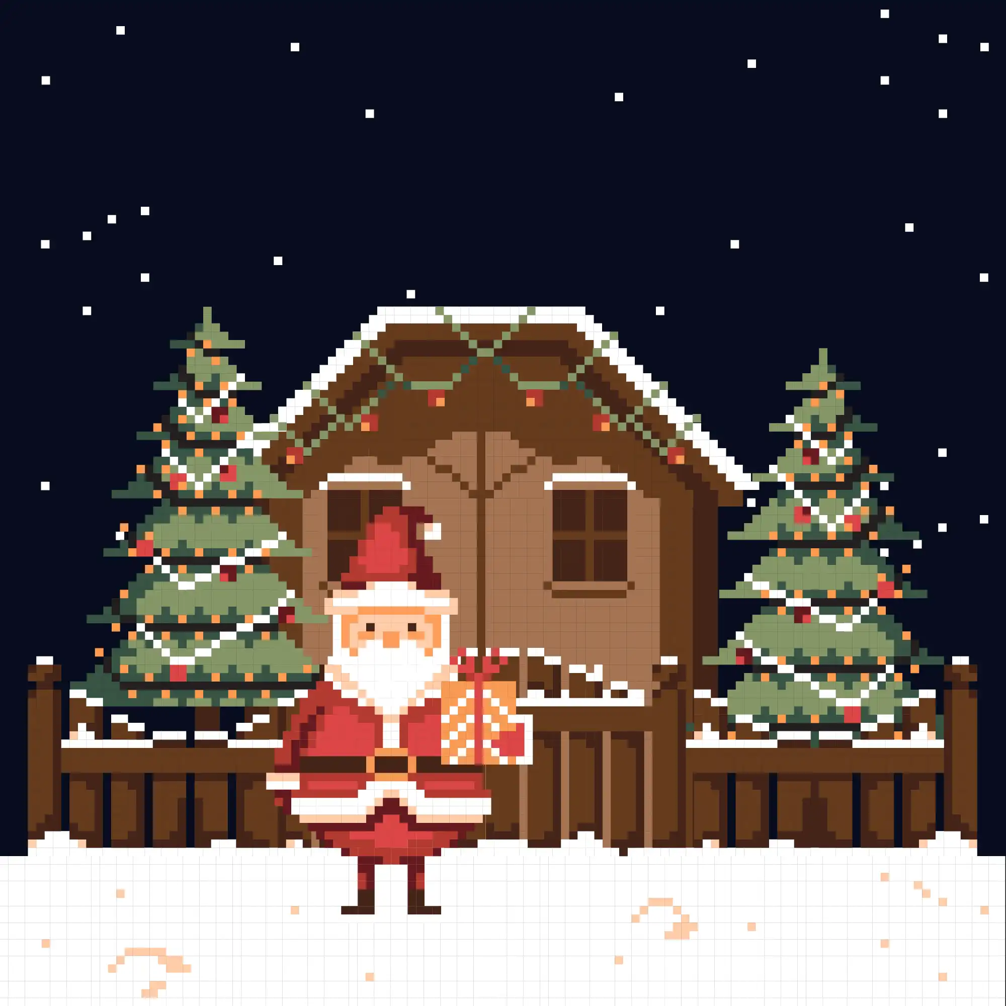 Пиксельный арт Санта-Клауса с подарком на фоне заснеженных домов